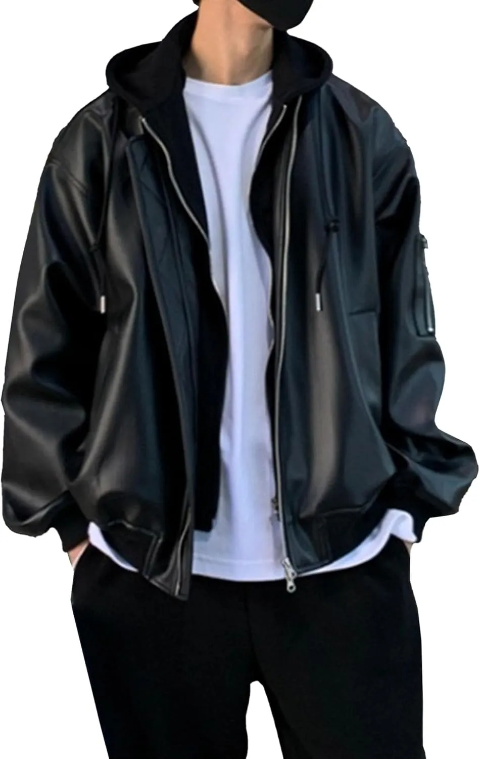 Mens Loose Hooded Leather Jacket Zip-Up Motorcycle Bomber PU Outercoat Trendy Hooded Motorbike Riding Jackets