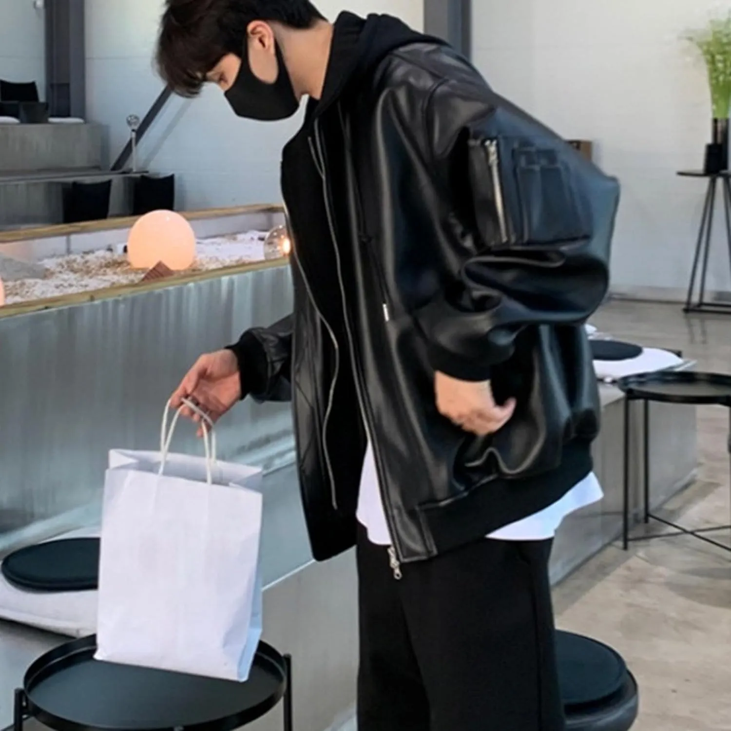 Mens Loose Hooded Leather Jacket Zip-Up Motorcycle Bomber PU Outercoat Trendy Hooded Motorbike Riding Jackets