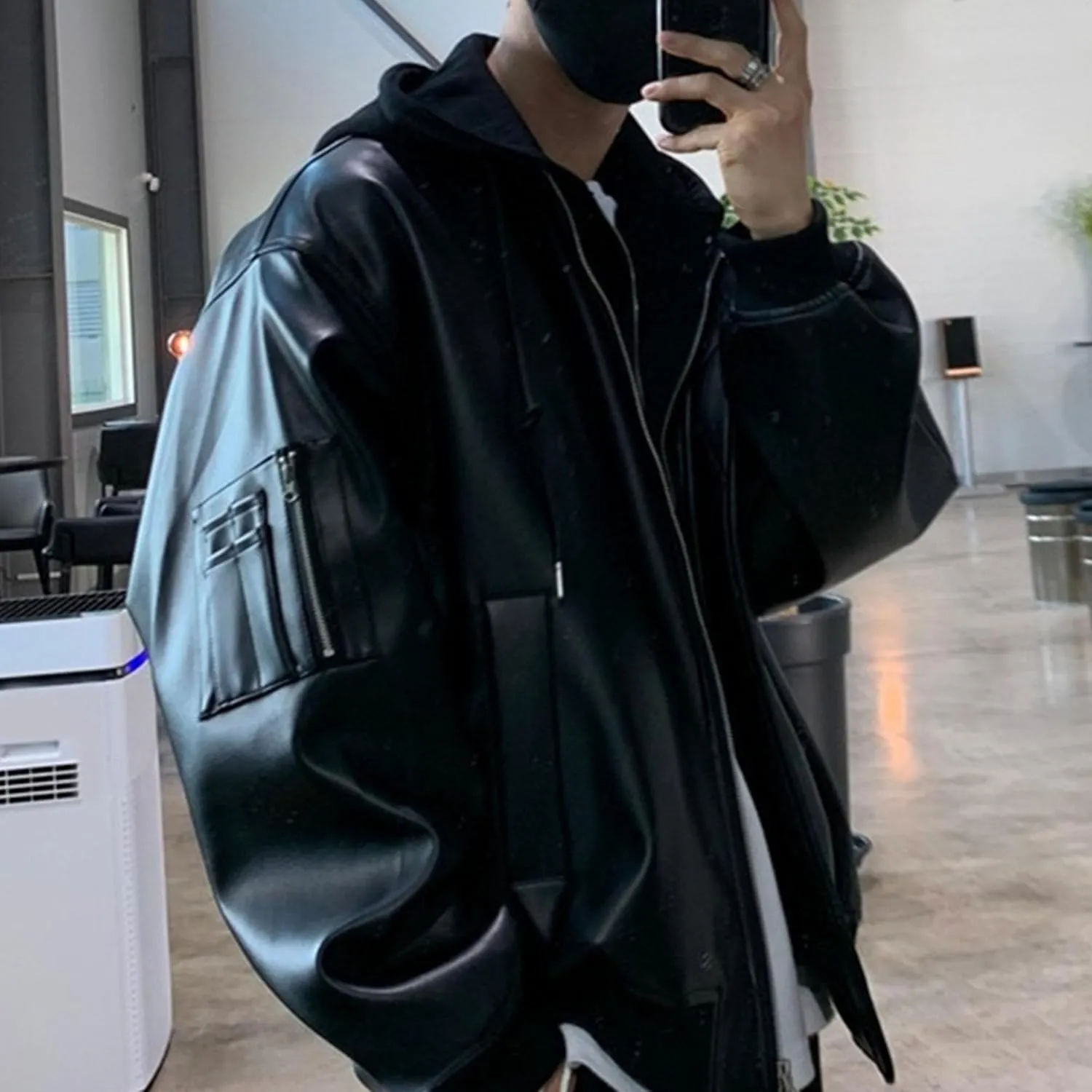 Mens Loose Hooded Leather Jacket Zip-Up Motorcycle Bomber PU Outercoat Trendy Hooded Motorbike Riding Jackets