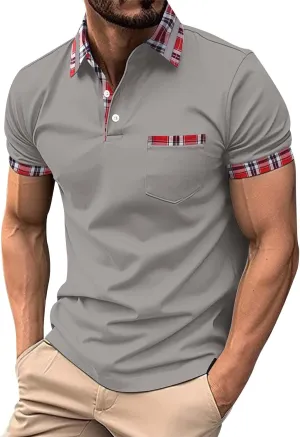 Men's Muscle V Neck Polo Shirts Slim Fit Shirt Short Sleeve Golf T-Shirts Stripe Retro Soft Casual Tee