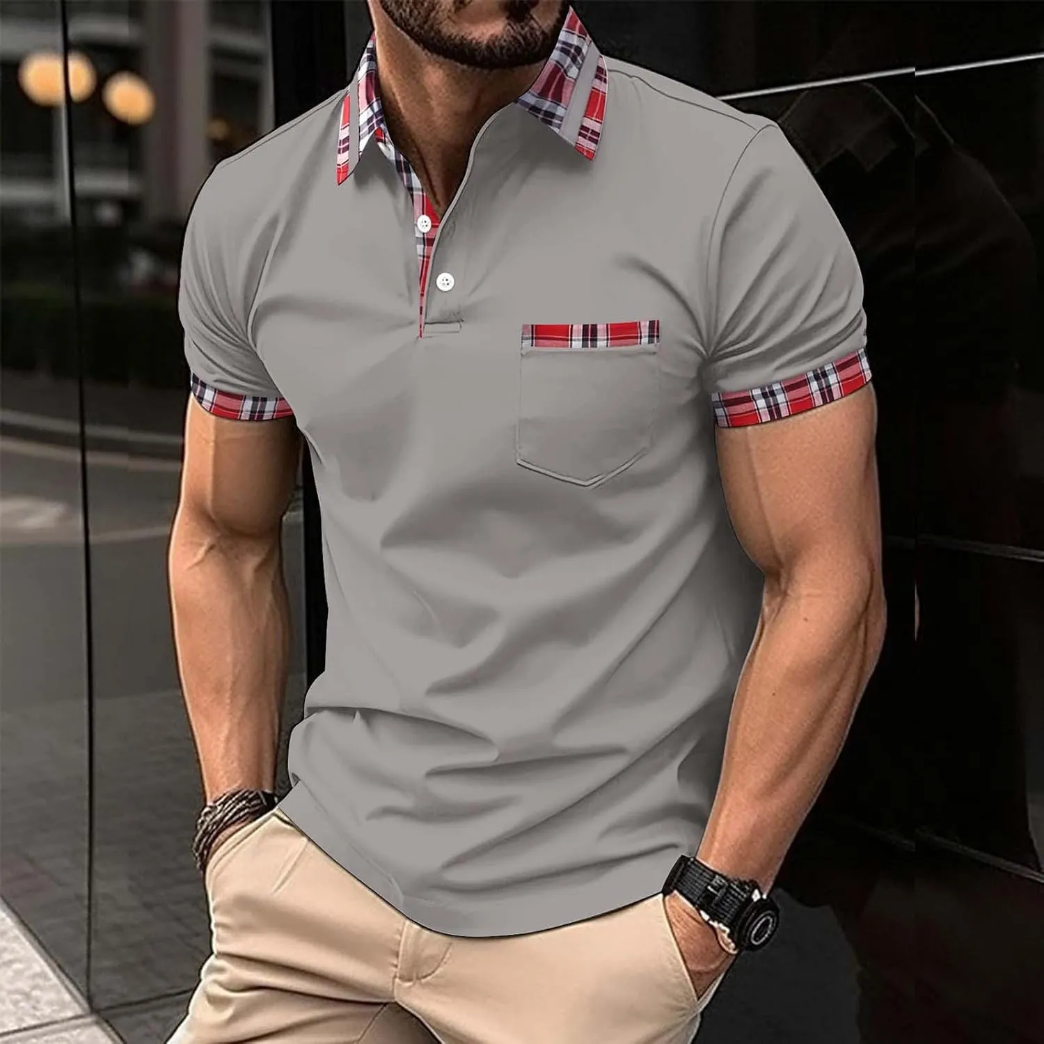 Men's Muscle V Neck Polo Shirts Slim Fit Shirt Short Sleeve Golf T-Shirts Stripe Retro Soft Casual Tee