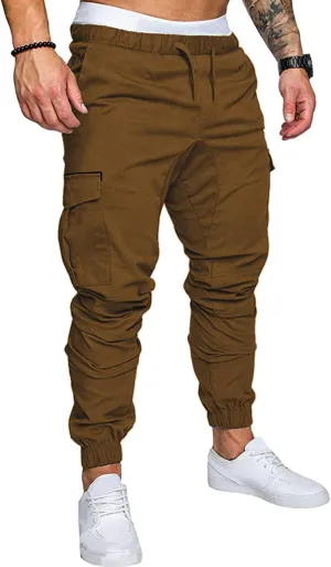 Mens Pants Cargo Joggers Sweatpants Casual Slim Fit Chino Trousers Elastic Waist Drawstring Pants with Pockets