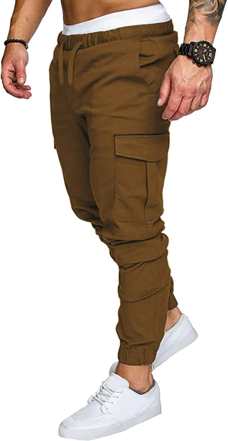 Mens Pants Cargo Joggers Sweatpants Casual Slim Fit Chino Trousers Elastic Waist Drawstring Pants with Pockets