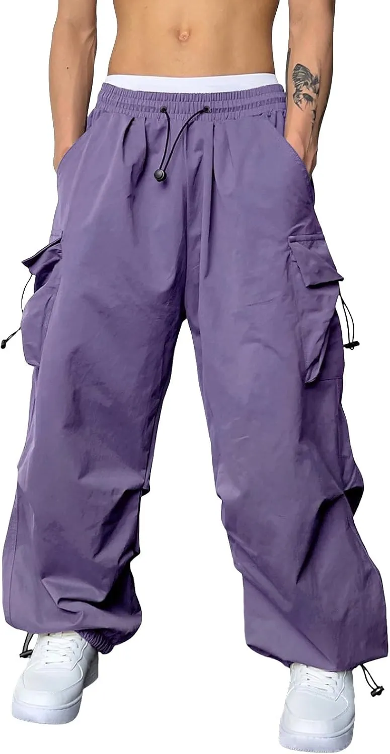 Men's Parachute Cargo Pants Solid Color Baggy Casual Harem Joggers Hip Hop Outdoor Streetwear Sweatpants with Pockets