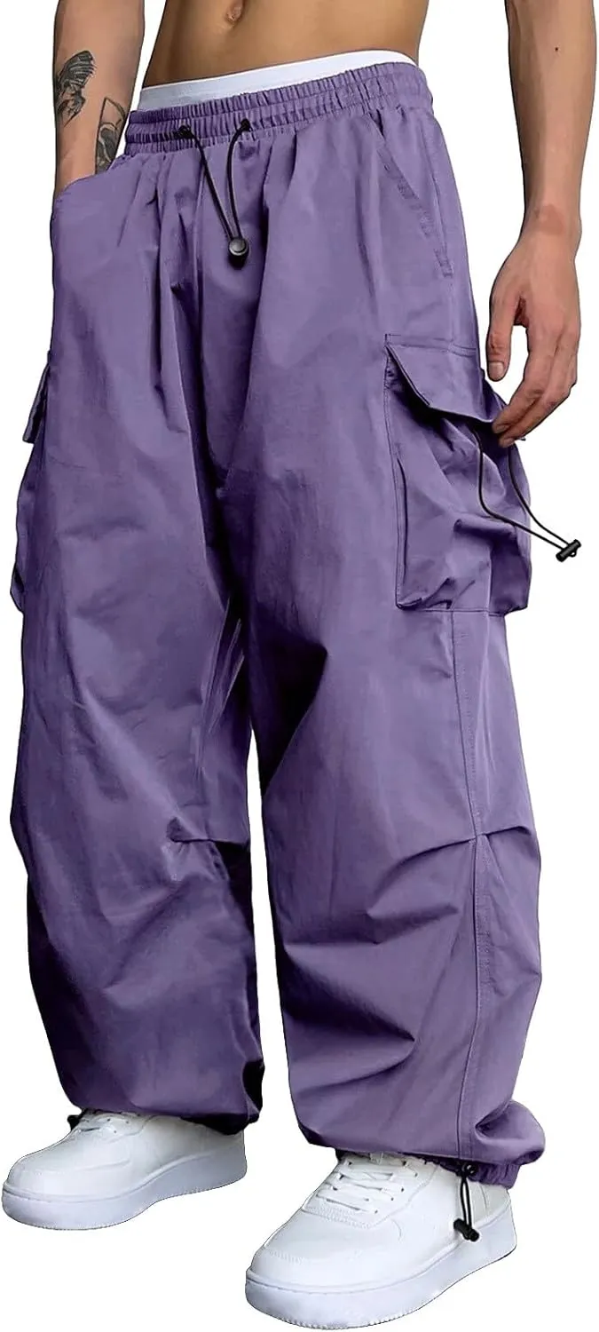 Men's Parachute Cargo Pants Solid Color Baggy Casual Harem Joggers Hip Hop Outdoor Streetwear Sweatpants with Pockets