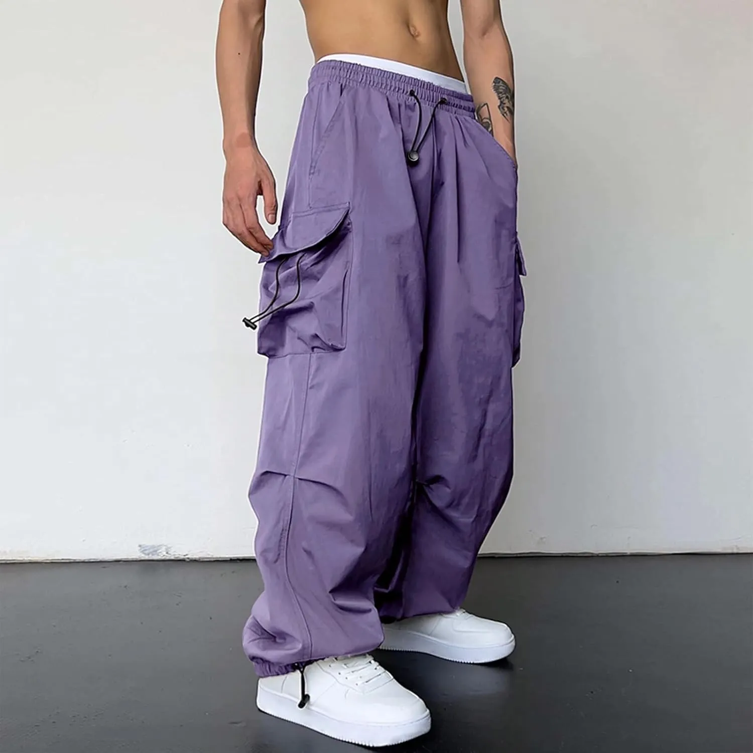Men's Parachute Cargo Pants Solid Color Baggy Casual Harem Joggers Hip Hop Outdoor Streetwear Sweatpants with Pockets