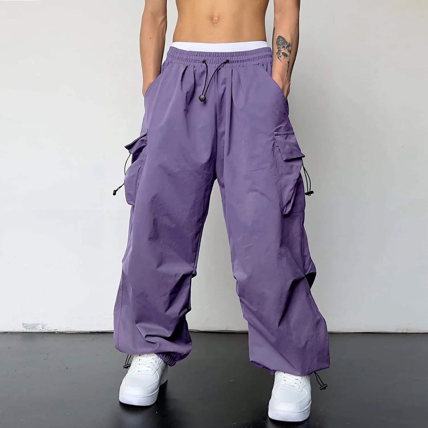 Men's Parachute Cargo Pants Solid Color Baggy Casual Harem Joggers Hip Hop Outdoor Streetwear Sweatpants with Pockets
