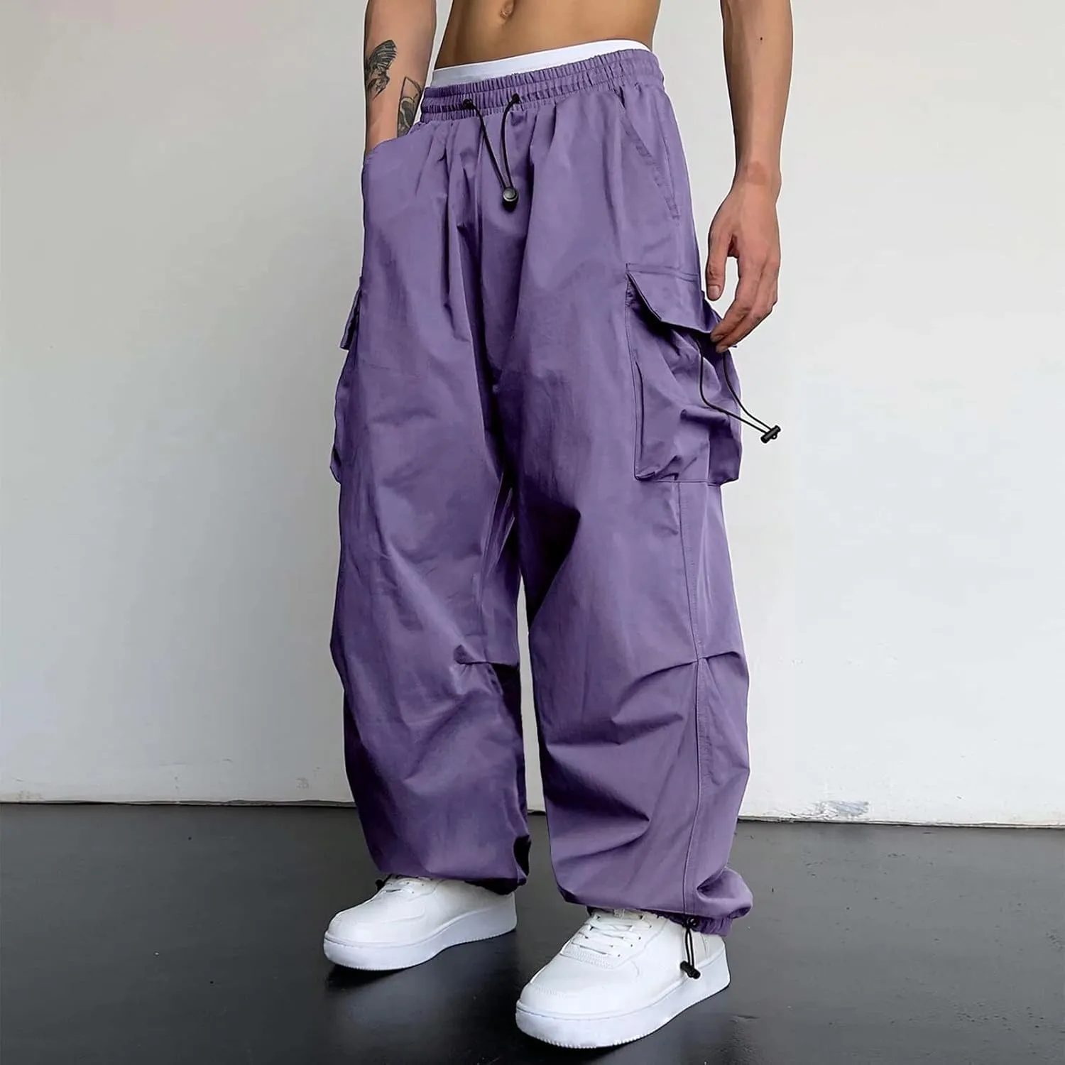 Men's Parachute Cargo Pants Solid Color Baggy Casual Harem Joggers Hip Hop Outdoor Streetwear Sweatpants with Pockets