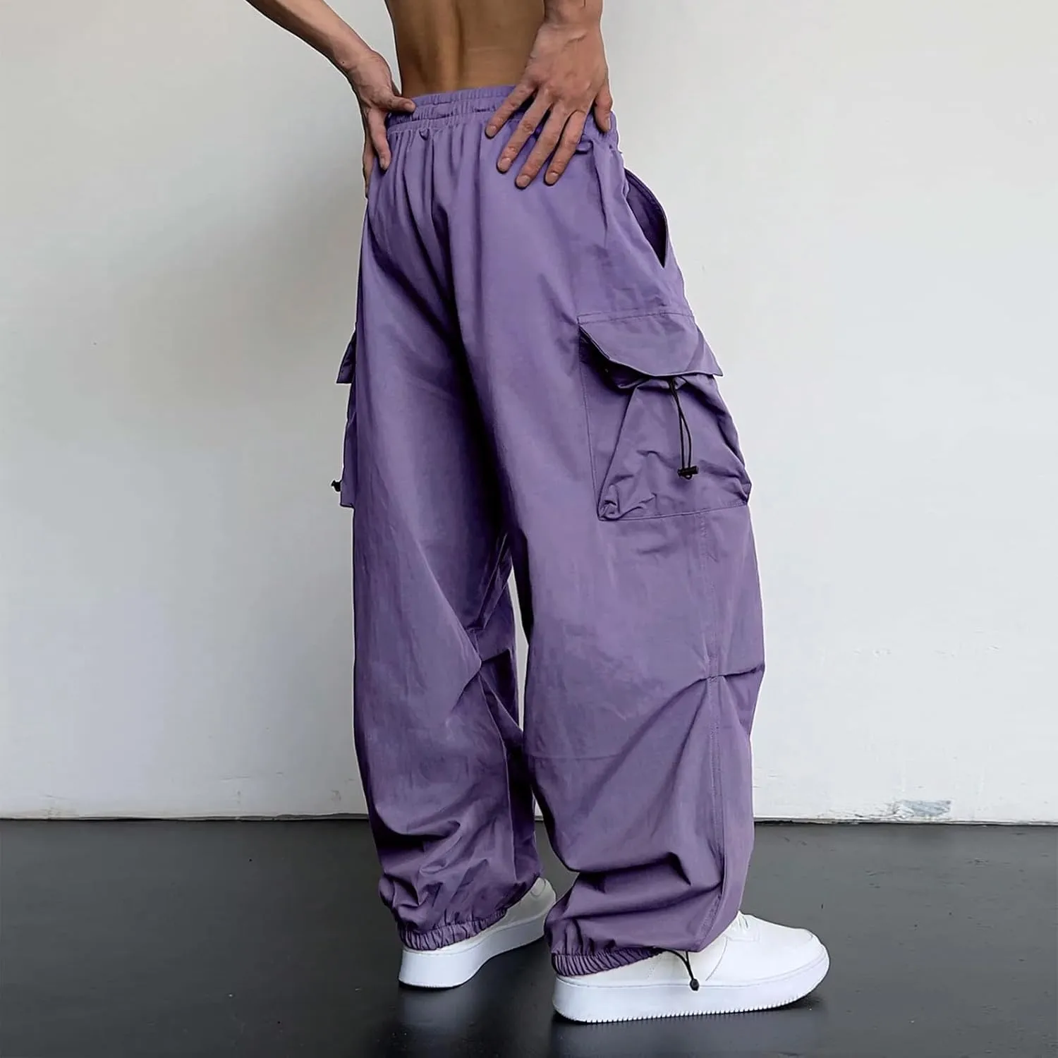 Men's Parachute Cargo Pants Solid Color Baggy Casual Harem Joggers Hip Hop Outdoor Streetwear Sweatpants with Pockets