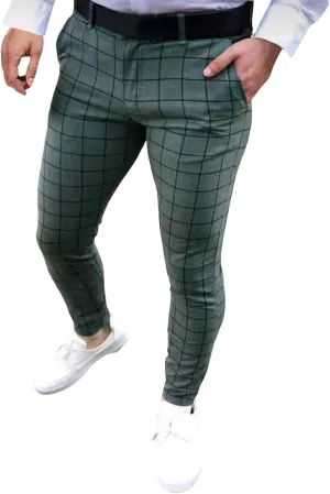 Men's Plaid Dress Pants Slim Fit Casual Skinny Stretch Suit Pants Fashion Ankle Length Pencil Tapered Trousers with Pockets