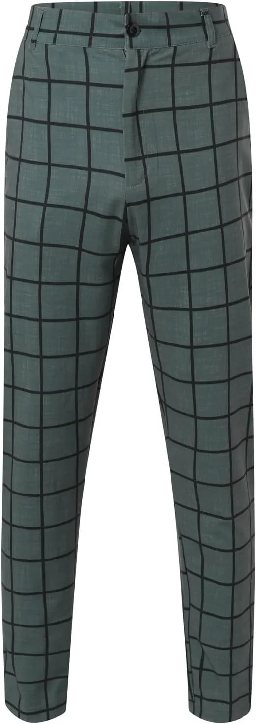 Men's Plaid Dress Pants Slim Fit Casual Skinny Stretch Suit Pants Fashion Ankle Length Pencil Tapered Trousers with Pockets