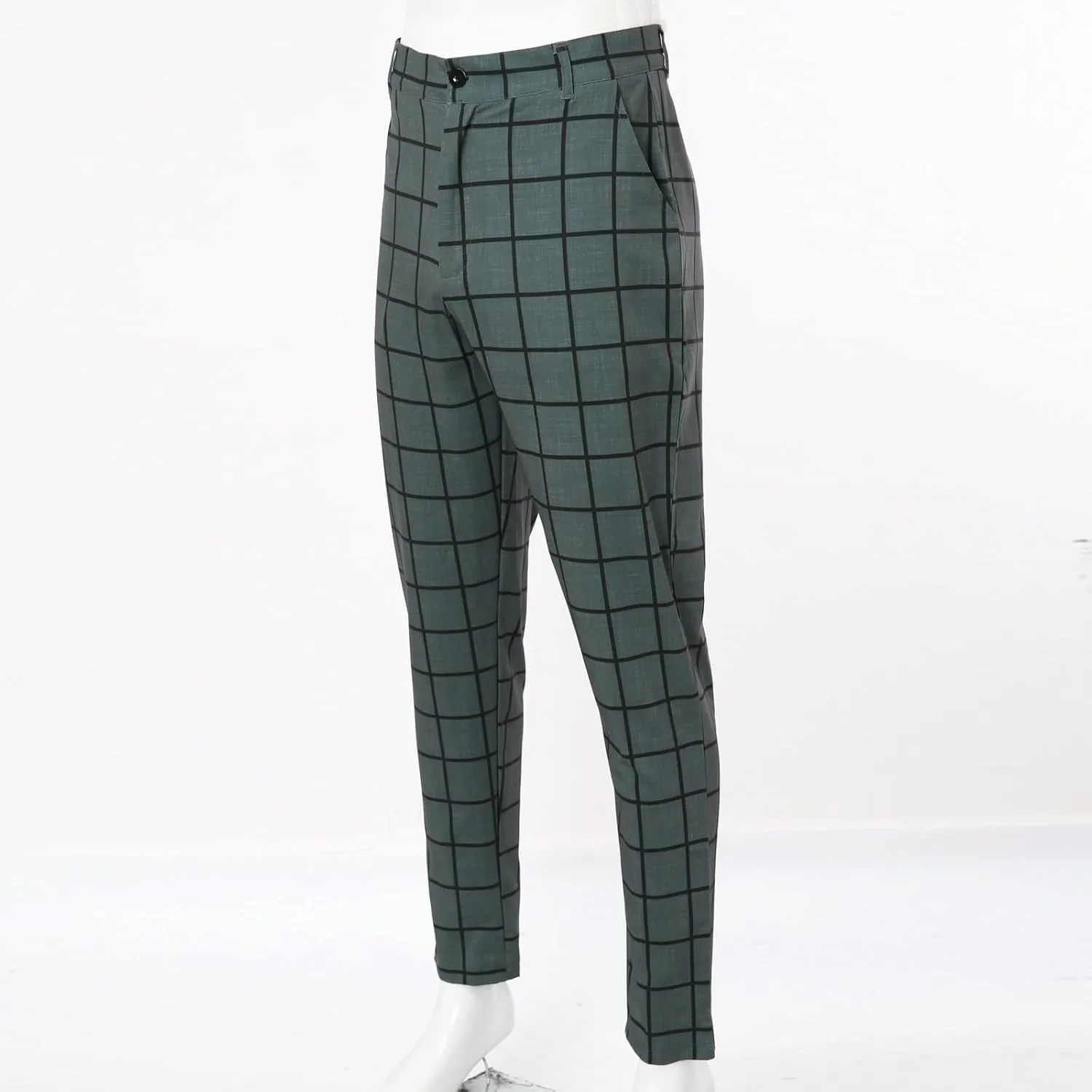 Men's Plaid Dress Pants Slim Fit Casual Skinny Stretch Suit Pants Fashion Ankle Length Pencil Tapered Trousers with Pockets