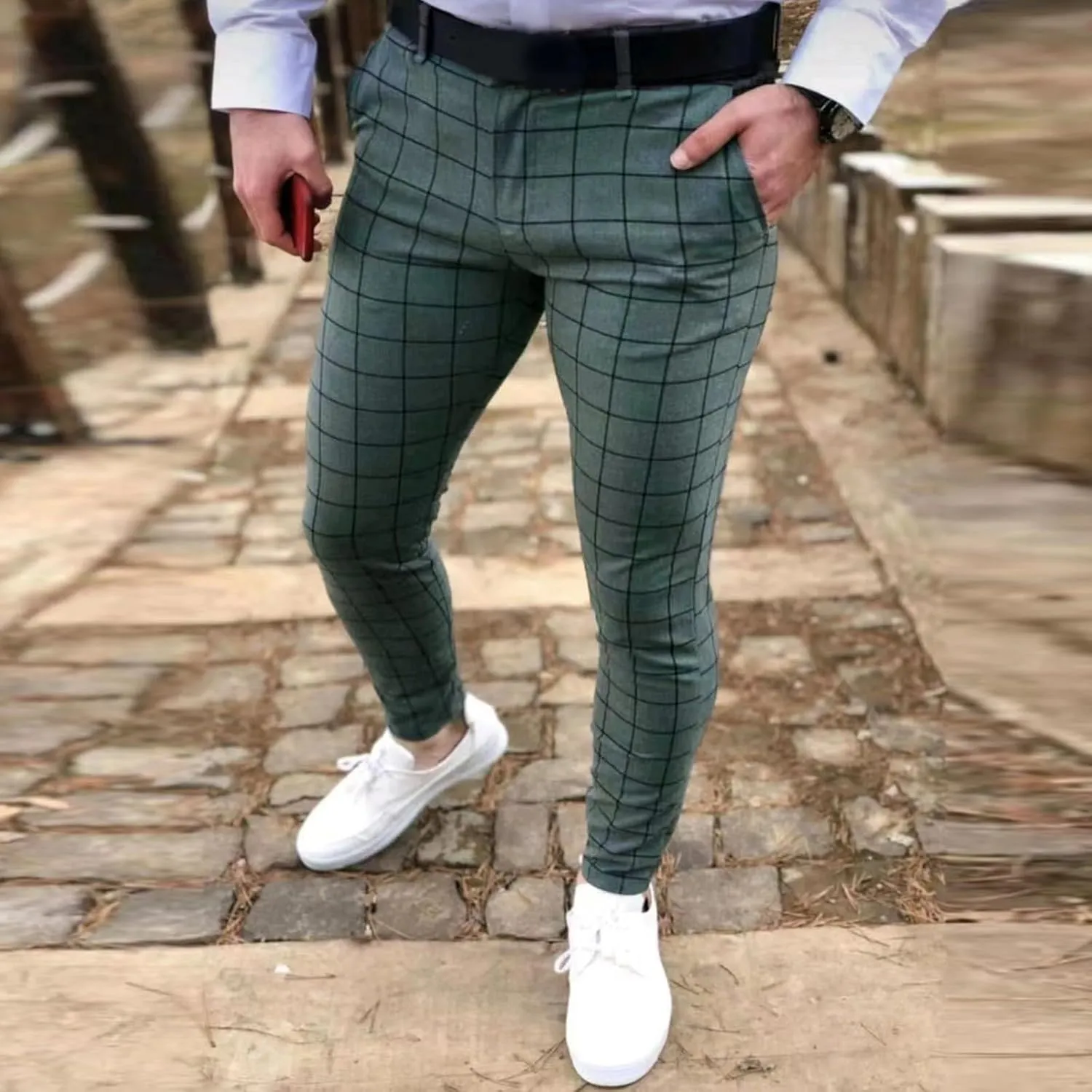 Men's Plaid Dress Pants Slim Fit Casual Skinny Stretch Suit Pants Fashion Ankle Length Pencil Tapered Trousers with Pockets