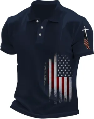 Men's Polo Shirt Short Sleeve Quick Dry American Flag Print Graphic Split Color Golf Shirt for Sport