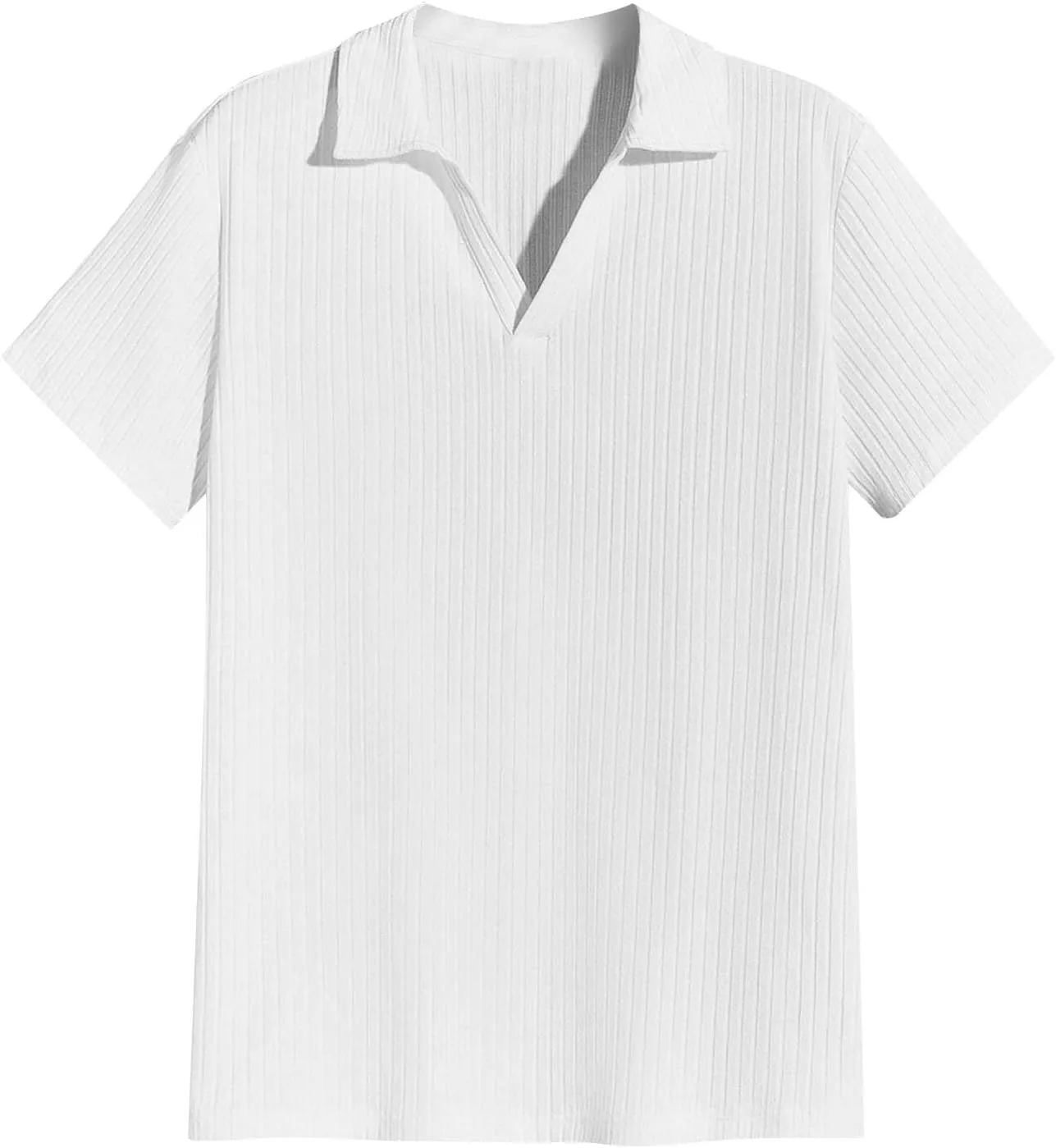 Men's Polo Shirt V Neck Button Free Slim Fit Golf Shirt Casual Knit Ribbed Performance Soft Touch Vintage Tee, Large
