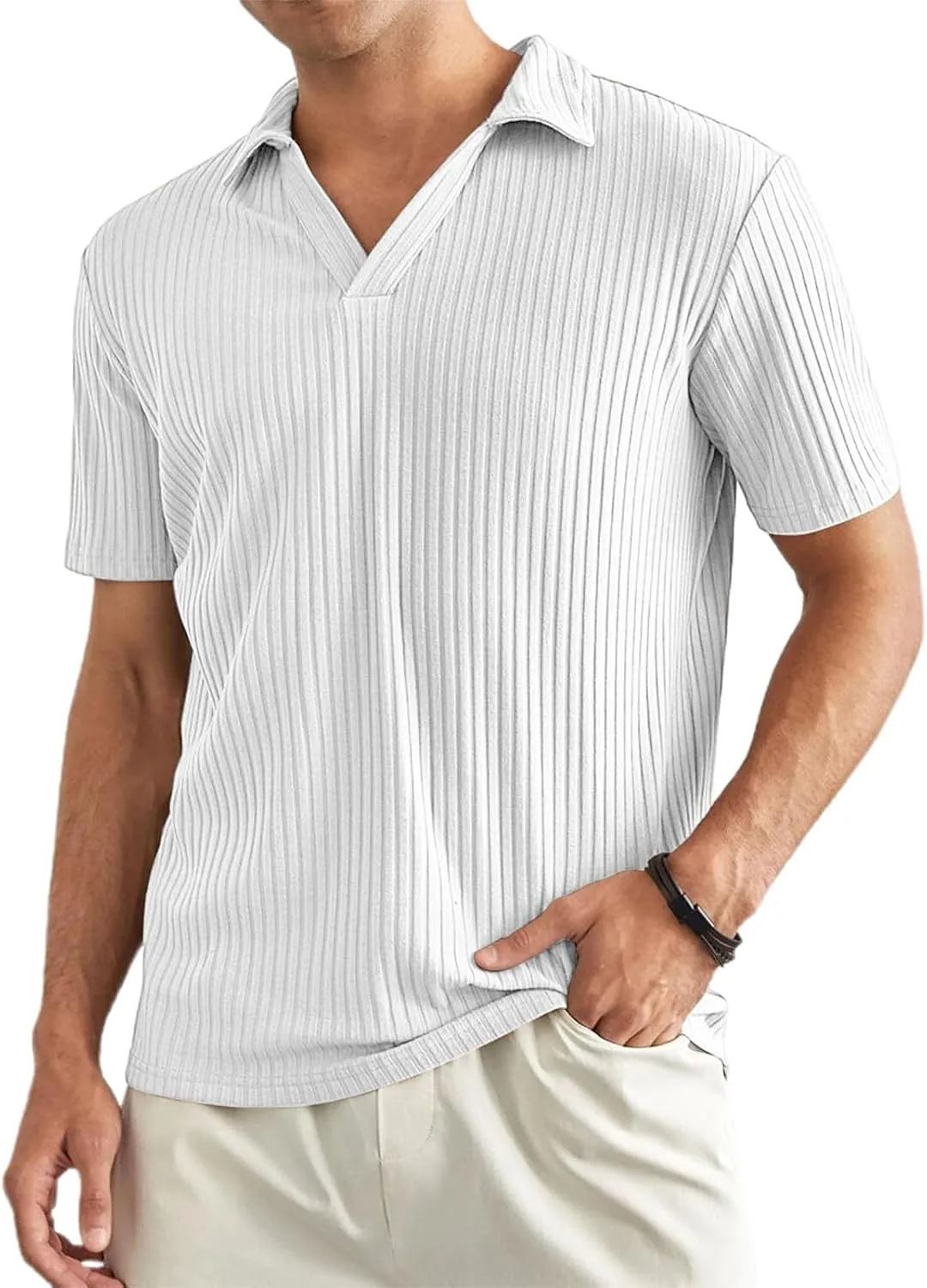 Men's Polo Shirt V Neck Button Free Slim Fit Golf Shirt Casual Knit Ribbed Performance Soft Touch Vintage Tee, Large