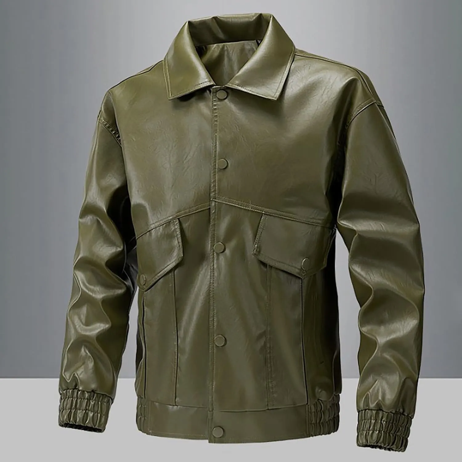 Men's Pu Leather Jacket Vintage Stand Collar Coats Button Up Motorcycle Bomber Jackets Fashion Outdoor Fall Outwear