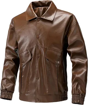 Men's Pu Leather Jacket Vintage Stand Collar Coats Button Up Motorcycle Bomber Jackets Fashion Outdoor Fall Outwear