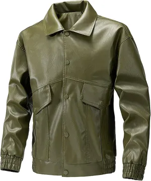 Men's Pu Leather Jacket Vintage Stand Collar Coats Button Up Motorcycle Bomber Jackets Fashion Outdoor Fall Outwear