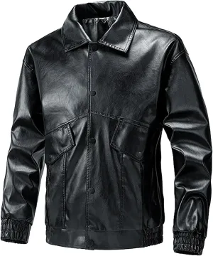 Men's Pu Leather Jacket Vintage Stand Collar Coats Button Up Motorcycle Bomber Jackets Fashion Outdoor Fall Outwear