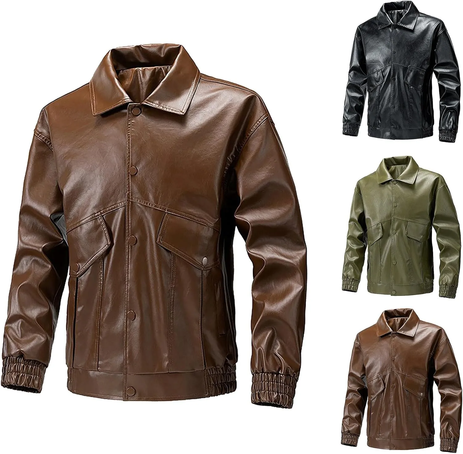 Men's Pu Leather Jacket Vintage Stand Collar Coats Button Up Motorcycle Bomber Jackets Fashion Outdoor Fall Outwear