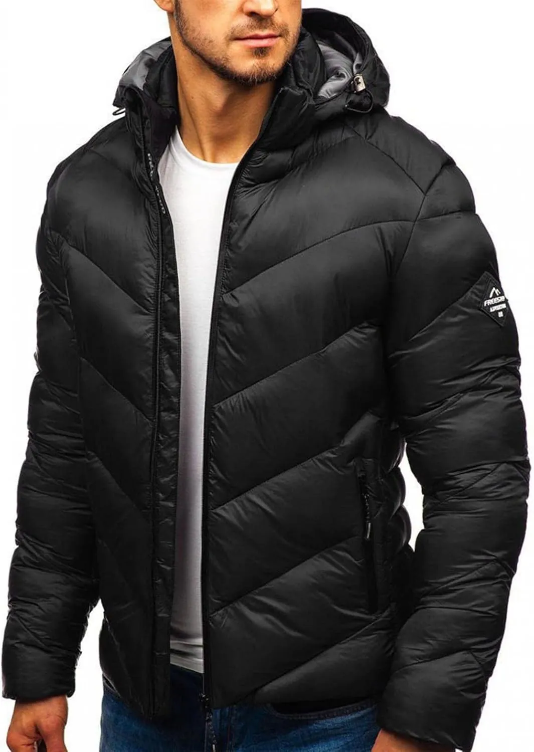 Men's Puffer Jacket with Hood Winter Casual Warm Down Coat Mid-weight Cotton-padded Snow Coat Outerwear
