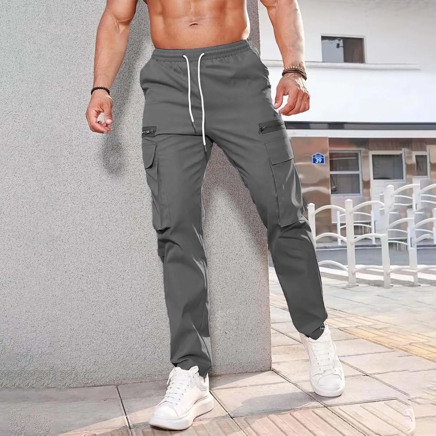 Mens Resort Wear 2025 Cargo Sweatpants Drawstring Joggers Relaxed Fit Stretch Polyester Casual Pants with Pockets