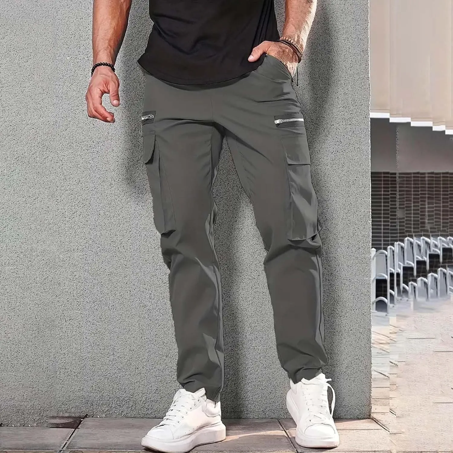 Mens Resort Wear 2025 Cargo Sweatpants Drawstring Joggers Relaxed Fit Stretch Polyester Casual Pants with Pockets