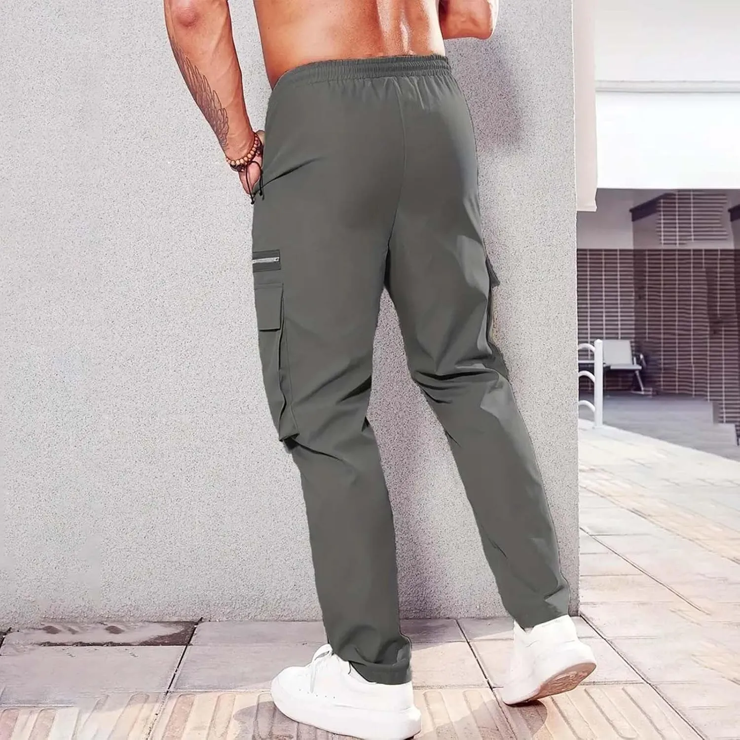 Mens Resort Wear 2025 Cargo Sweatpants Drawstring Joggers Relaxed Fit Stretch Polyester Casual Pants with Pockets