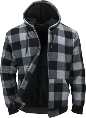 Mens Sherpa Fleece Lined Hoodie, Plaid Flannel Jackets With Hooded Winter Warm Coats Heavy Sweatshirt Full Zip Up