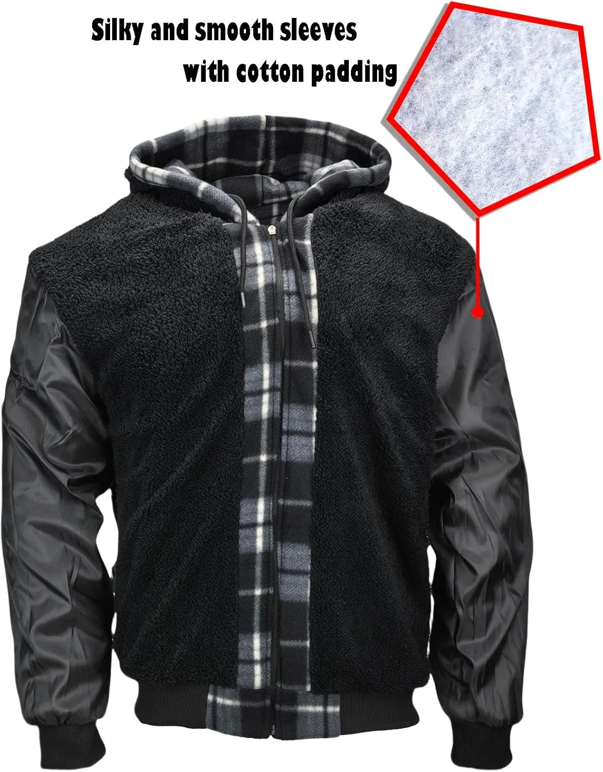 Mens Sherpa Fleece Lined Hoodie, Plaid Flannel Jackets With Hooded Winter Warm Coats Heavy Sweatshirt Full Zip Up
