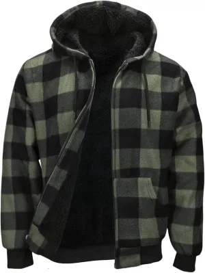 Mens Sherpa Fleece Lined Hoodie, Plaid Flannel Jackets With Hooded Winter Warm Coats Heavy Sweatshirt Full Zip Up