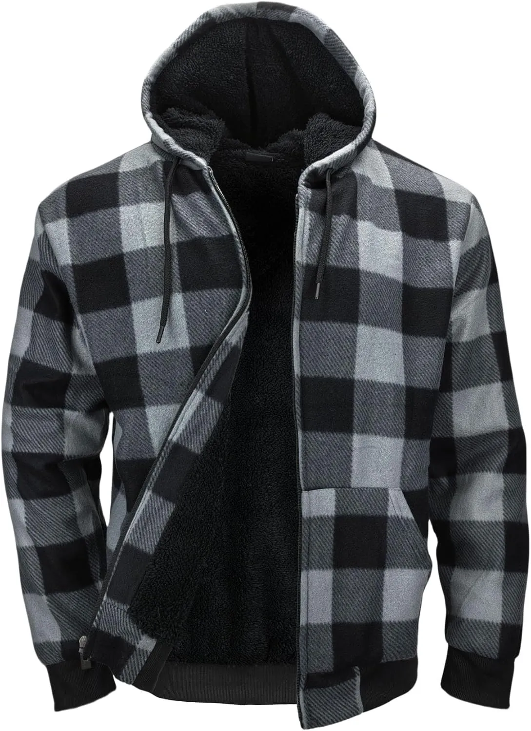 Mens Sherpa Fleece Lined Hoodie, Plaid Flannel Jackets With Hooded Winter Warm Coats Heavy Sweatshirt Full Zip Up