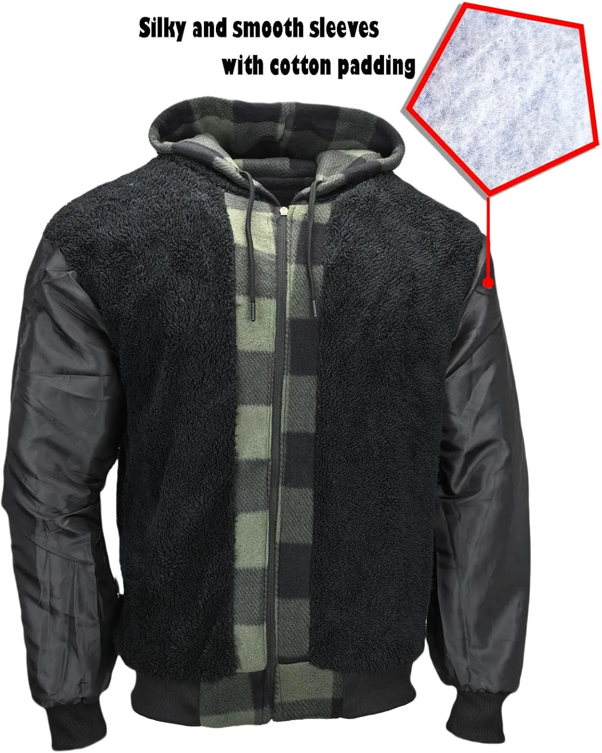 Mens Sherpa Fleece Lined Hoodie, Plaid Flannel Jackets With Hooded Winter Warm Coats Heavy Sweatshirt Full Zip Up