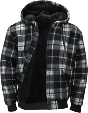Mens Sherpa Fleece Lined Hoodie, Plaid Flannel Jackets With Hooded Winter Warm Coats Heavy Sweatshirt Full Zip Up
