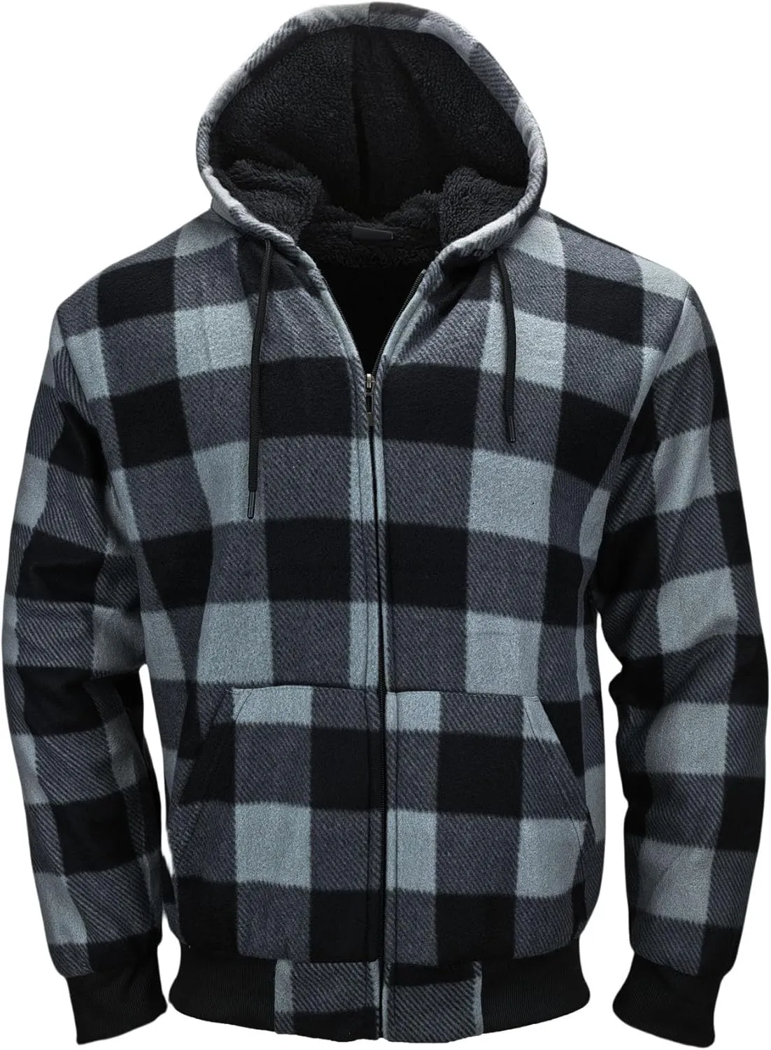 Mens Sherpa Fleece Lined Hoodie, Plaid Flannel Jackets With Hooded Winter Warm Coats Heavy Sweatshirt Full Zip Up