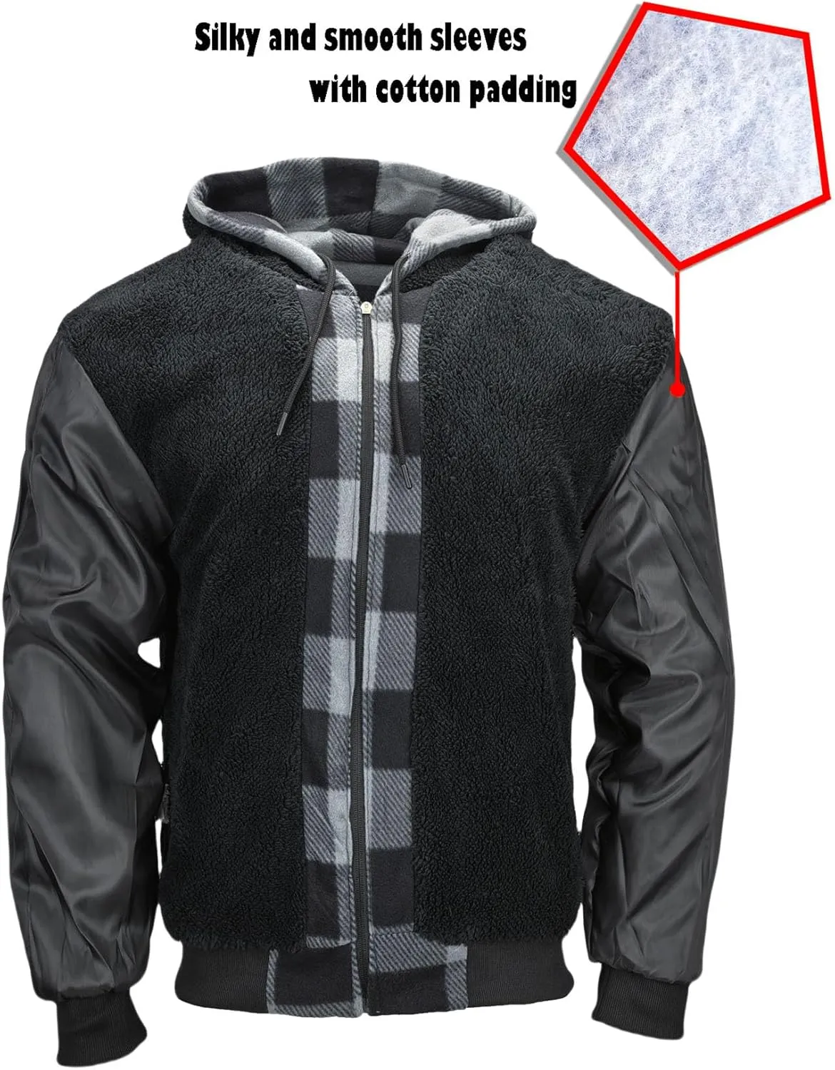 Mens Sherpa Fleece Lined Hoodie, Plaid Flannel Jackets With Hooded Winter Warm Coats Heavy Sweatshirt Full Zip Up