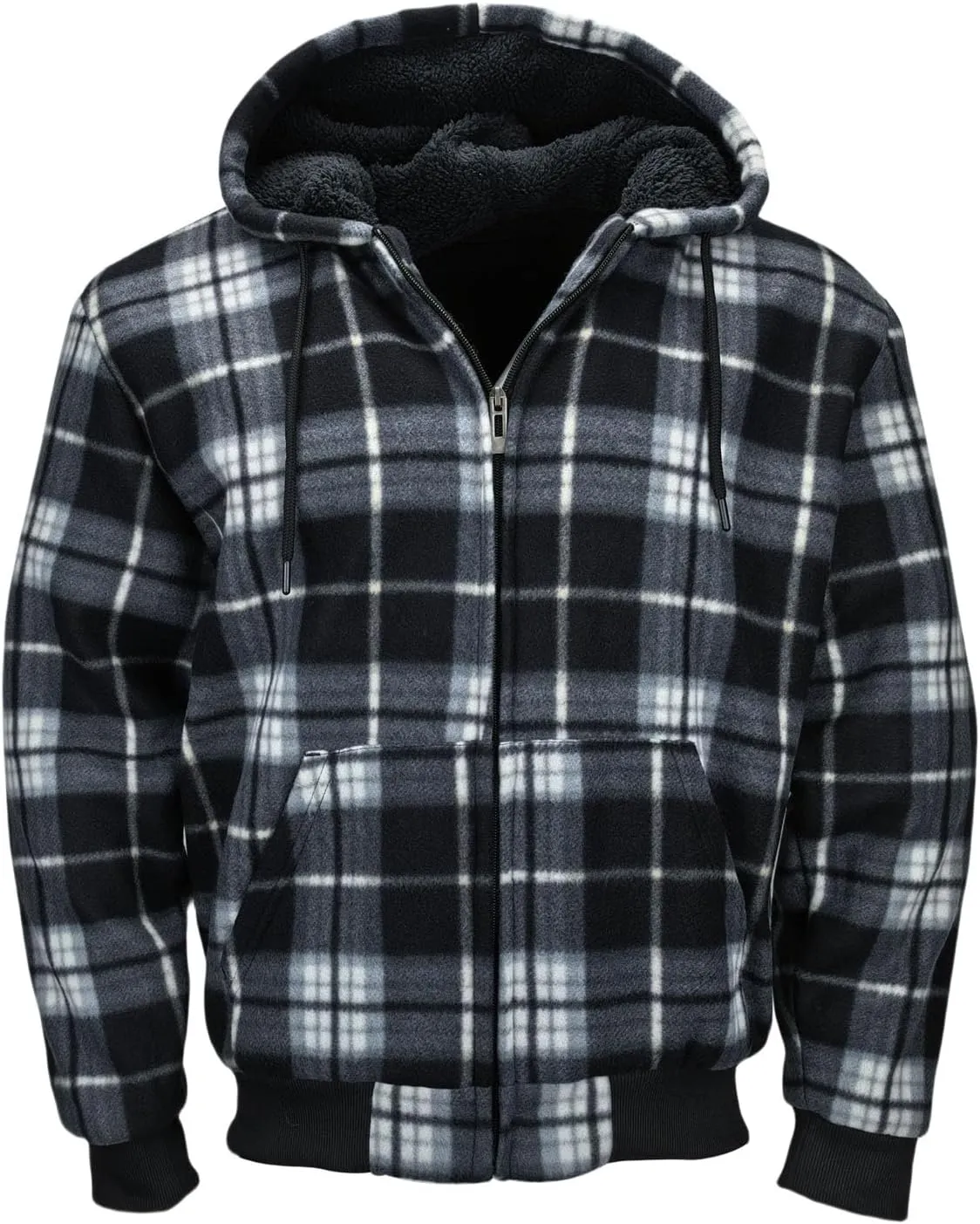 Mens Sherpa Fleece Lined Hoodie, Plaid Flannel Jackets With Hooded Winter Warm Coats Heavy Sweatshirt Full Zip Up