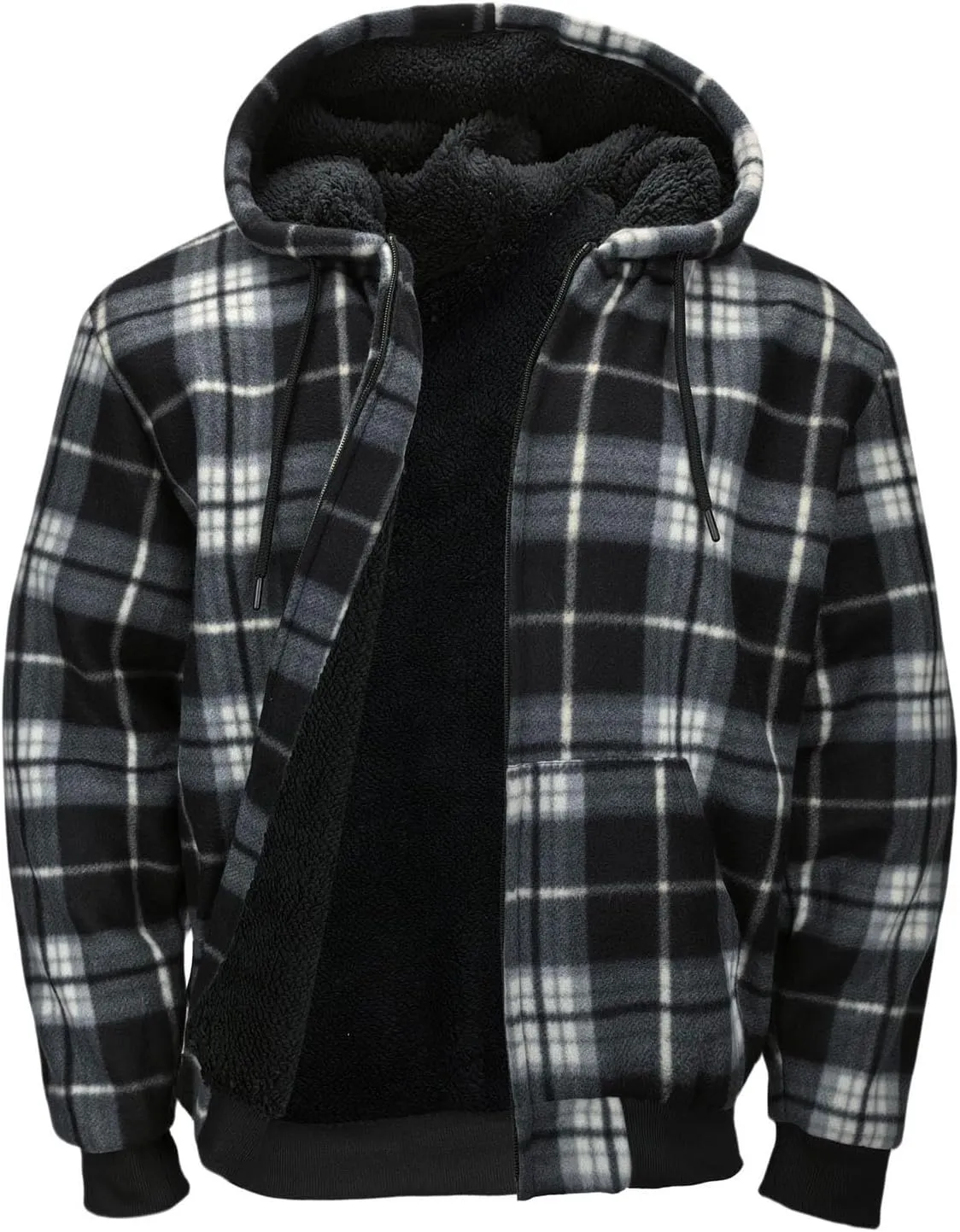 Mens Sherpa Fleece Lined Hoodie, Plaid Flannel Jackets With Hooded Winter Warm Coats Heavy Sweatshirt Full Zip Up