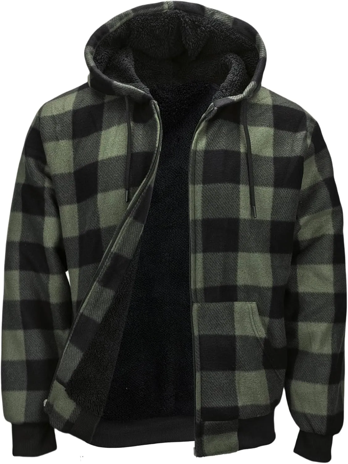 Mens Sherpa Fleece Lined Hoodie, Plaid Flannel Jackets With Hooded Winter Warm Coats Heavy Sweatshirt Full Zip Up