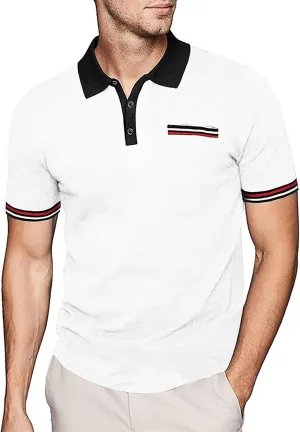 Mens Short Sleeve Polo Shirt Plain Simple Business Work Collared Shirts Button Slim Fit Black White Golf Polos Tees for Men