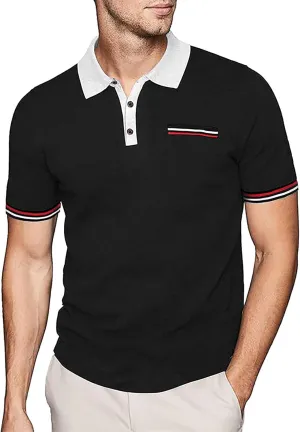 Mens Short Sleeve Polo Shirt Plain Simple Business Work Collared Shirts Button Slim Fit Black White Golf Polos Tees for Men
