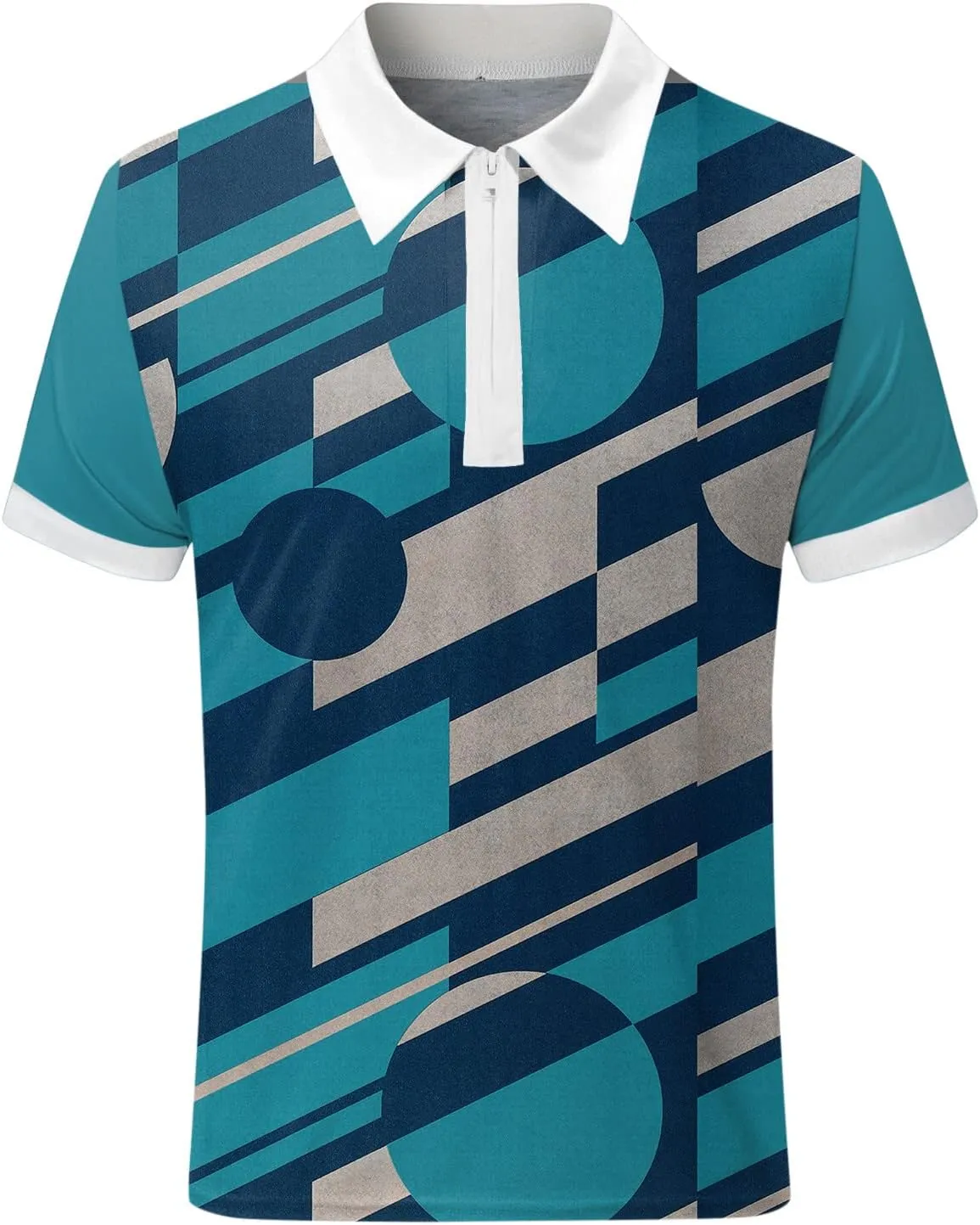 Mens Short Sleeve Polo Shirt Summer Beach Zipper Collared Shirt Print Slim Fit Turn-Down Breathable Lightweight Golf Polos
