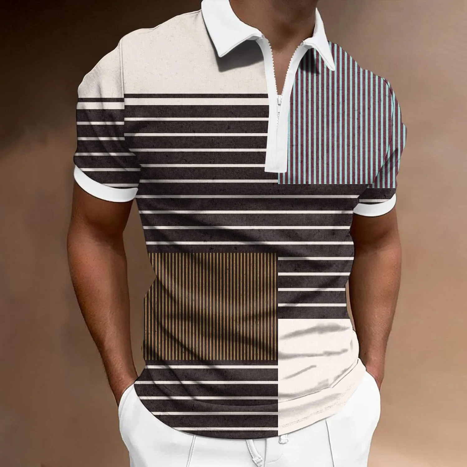 Mens Short Sleeve Polo Shirt Summer Beach Zipper Collared Shirt Print Slim Fit Turn-Down Breathable Lightweight Golf Polos