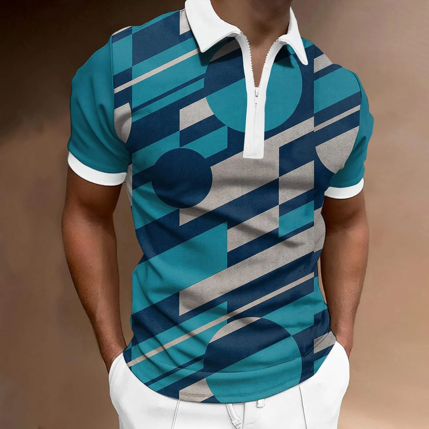 Mens Short Sleeve Polo Shirt Summer Beach Zipper Collared Shirt Print Slim Fit Turn-Down Breathable Lightweight Golf Polos