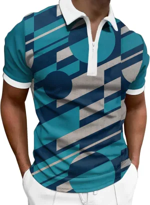 Mens Short Sleeve Polo Shirt Summer Beach Zipper Collared Shirt Print Slim Fit Turn-Down Breathable Lightweight Golf Polos