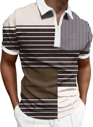 Mens Short Sleeve Polo Shirt Summer Beach Zipper Collared Shirt Print Slim Fit Turn-Down Breathable Lightweight Golf Polos