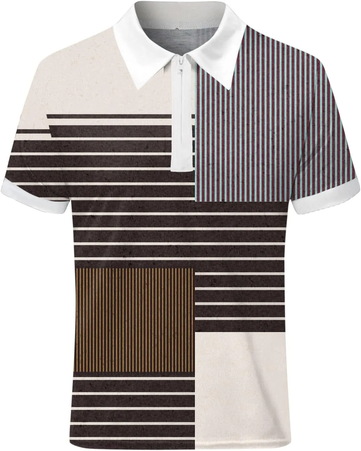 Mens Short Sleeve Polo Shirt Summer Beach Zipper Collared Shirt Print Slim Fit Turn-Down Breathable Lightweight Golf Polos
