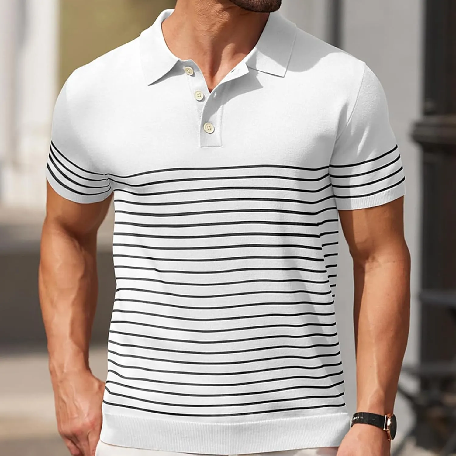 Men's Short Sleeve Striped Shirt Knit Soft Touch Pullover Slim Fit V Neck Casual Button Down Tshirt Shirt, Large
