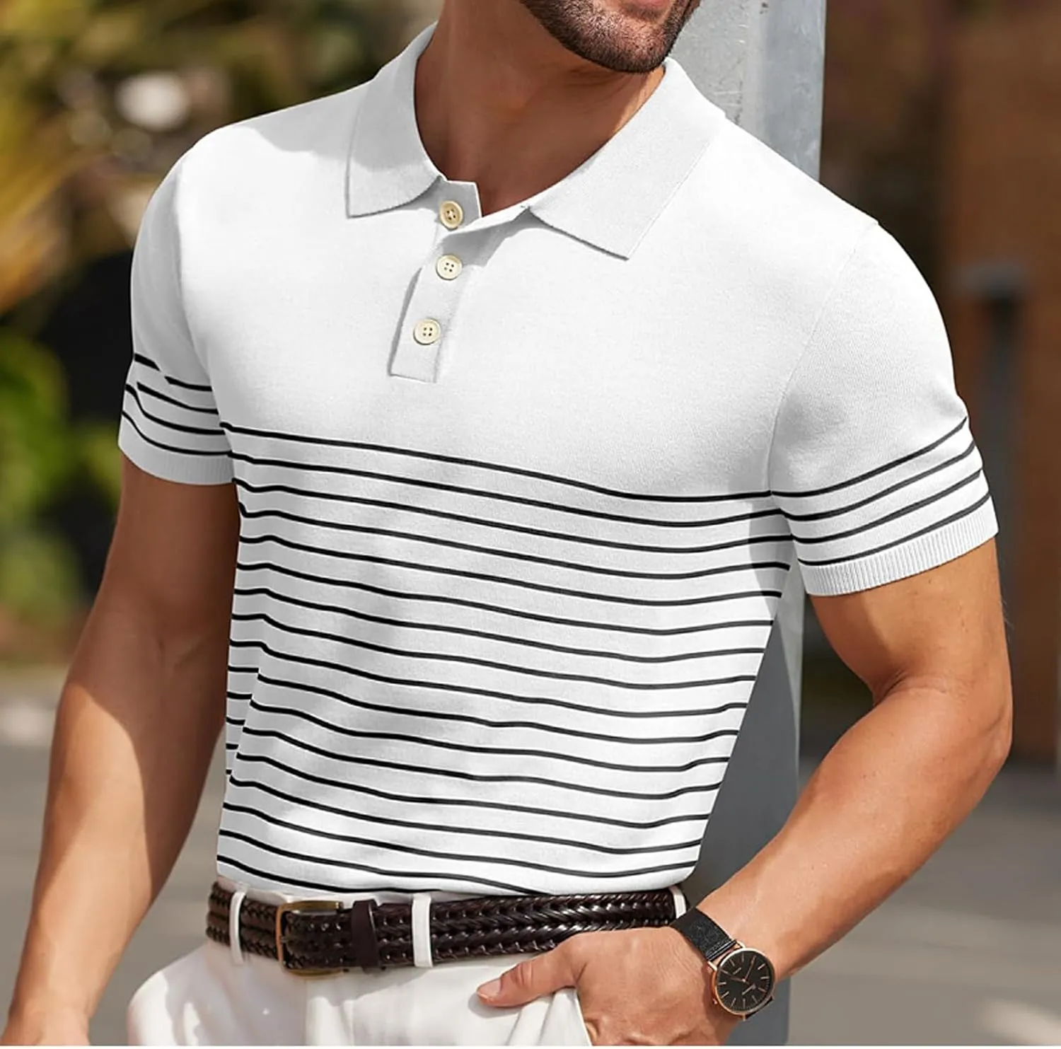 Men's Short Sleeve Striped Shirt Knit Soft Touch Pullover Slim Fit V Neck Casual Button Down Tshirt Shirt, Large